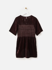 Oliver Bonas Brown Velvet Shirred T-Shirt Mini Dress - Image 4 of 8