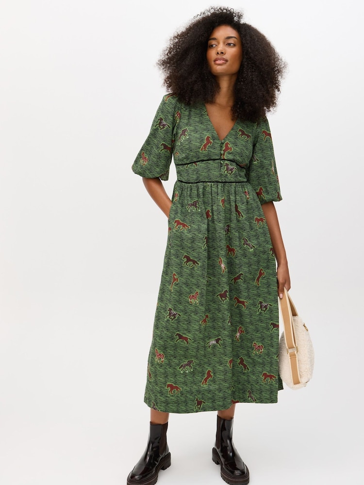Oliver Bonas Green Horse Print V-Neck Midi Dress - Image 1 of 8 Oliver Bonas Green Horse Print V-Neck Midi Dress - Image 1 of 8