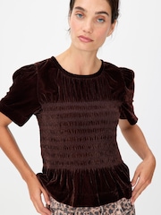 Oliver Bonas Brown Velvet Shirred Bodice T-Shirt - Image 1 of 7