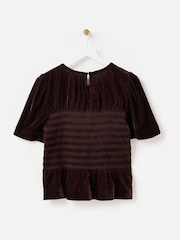 Oliver Bonas Brown Velvet Shirred Bodice T-Shirt - Image 4 of 7
