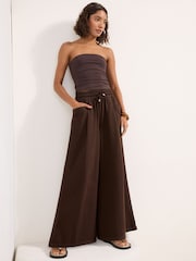 Friends Like These Chocolate Brown Shirred Tie Waist Wide Leg Trousers - Image 1 of 5
