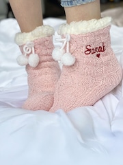 Solesmith Pink Embroidered Heart Super Soft Slipper Socks - Image 2 of 2