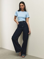 Blue Stripe Soft Touch Slinky Nylon Crew Neck Short Sleeve Top - Image 4 of 7