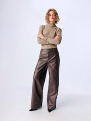 OBJECT Brown Lisa Wide Coated Trousers - Image 3 of 4
