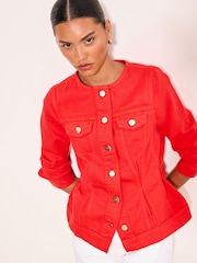 Lipsy Red Collarless Cinched Waist Denim Jacket - Image 1 of 6