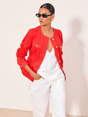 Lipsy Red Collarless Cinched Waist Denim Jacket - Image 4 of 6