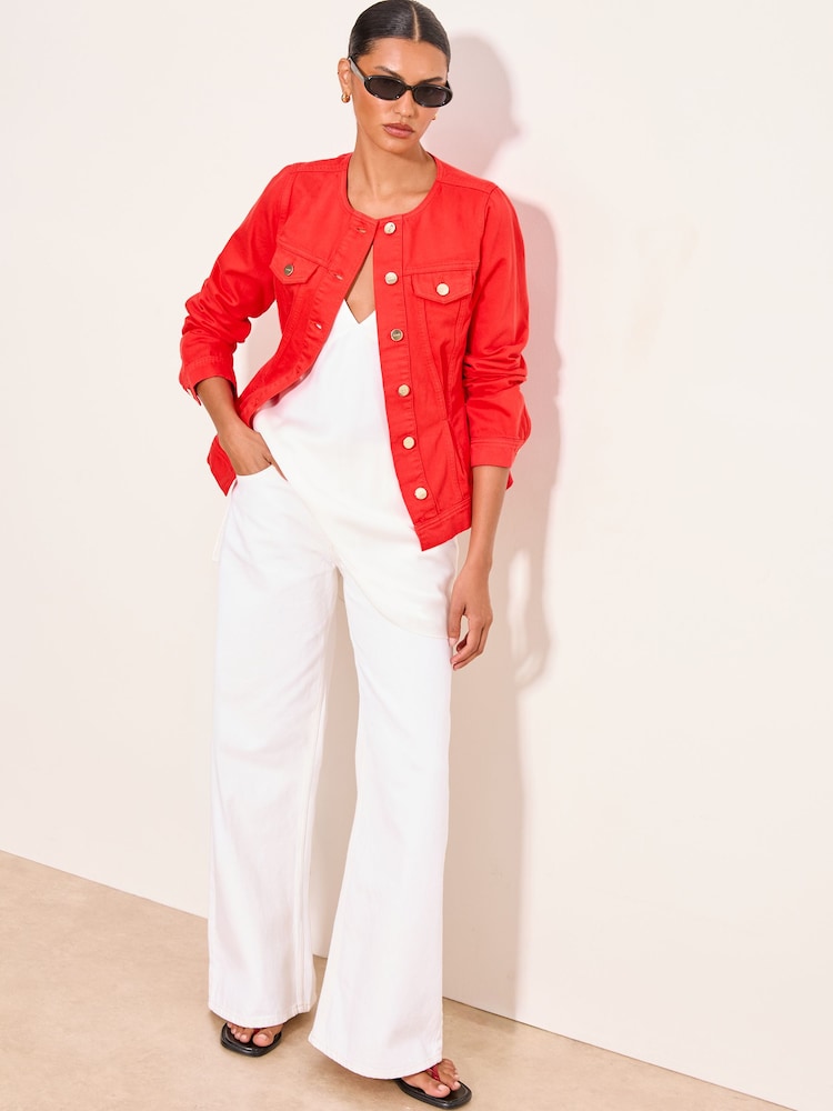 Lipsy Red Collarless Cinched Waist Denim Jacket - Image 6 of 6