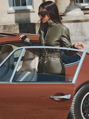 Lipsy x Gemma Owen Olive Green Faux Leather Funnel Neck Belted Jacket - Image 3 of 6