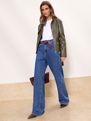 Lipsy x Gemma Owen Olive Green Faux Leather Funnel Neck Belted Jacket - Image 4 of 6