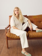 Cream Satin V-Neck Lace Trim Top - Image 1 of 4