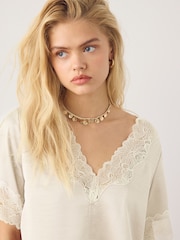 Cream Satin V-Neck Lace Trim Top - Image 4 of 4
