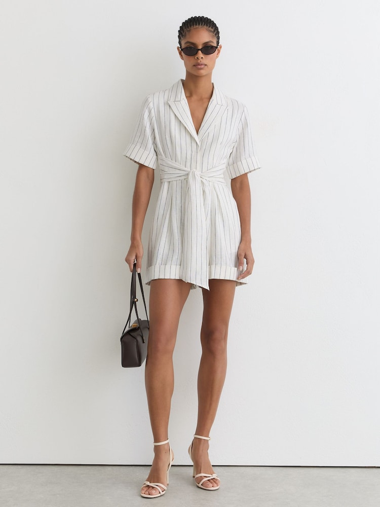 Reiss Ivory/Navy Estella Linen Pinstripe Belted Playsuit - Image 1 of 7