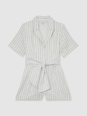 Reiss Ivory/Navy Estella Linen Pinstripe Belted Playsuit - Image 2 of 7