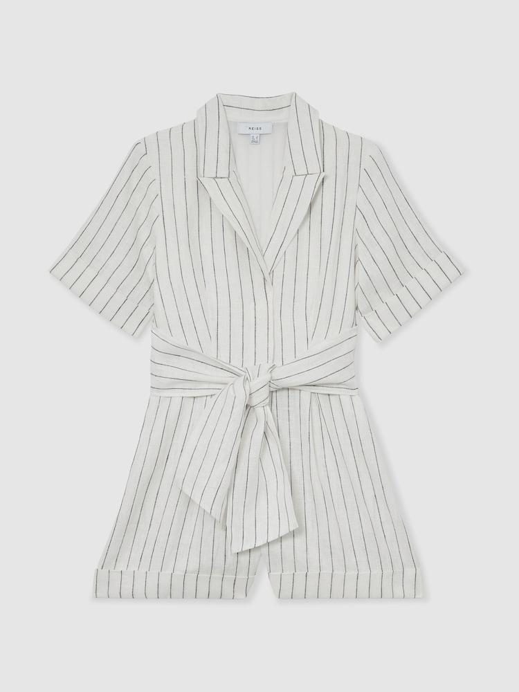Reiss Ivory/Navy Estella Linen Pinstripe Belted Playsuit - Image 2 of 7