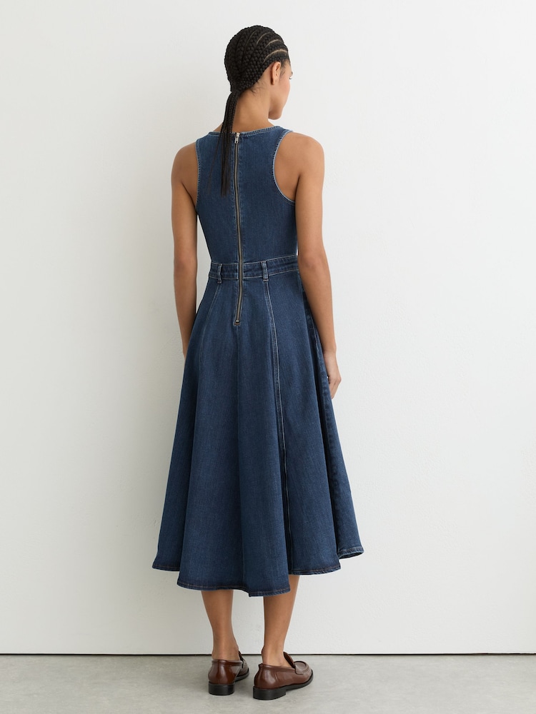 white christmas dresses Bebe Women's Halter Midi Denim Dress, Size 6 in True Blue Wash Metal/Cotton/Spandex main image 1
