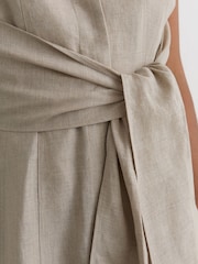 Reiss Neutral Tara Linen Tie-Waist Tailored Midi Dress - Image 8 of 9