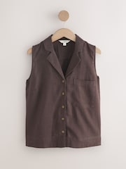 Chocolate Brown Revere Collar Sleeveless Shirt with Linen - Image 4 of 6