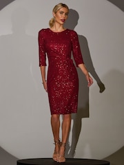 Jolie Moi Red 3/4 Sleeve Sequin Stretch Shift Dress - Image 2 of 6