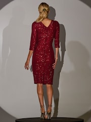Jolie Moi Red 3/4 Sleeve Sequin Stretch Shift Dress - Image 4 of 6