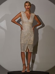 Jolie Moi Nude Demi Sequin Wrap Slit Bodycon Dress - Image 1 of 6