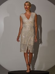 Jolie Moi Nude Demi Sequin Wrap Slit Bodycon Dress - Image 3 of 6