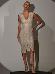 Jolie Moi Nude Demi Sequin Wrap Slit Bodycon Dress - Image 5 of 6