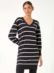 Roman Black Stripe Print Knitted Jumper Dress - Image 1 of 5
