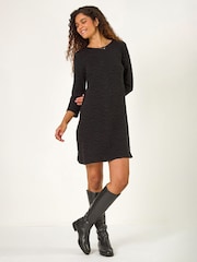 Roman Black Wave Textured Stretch A-Line Dress - Image 1 of 5