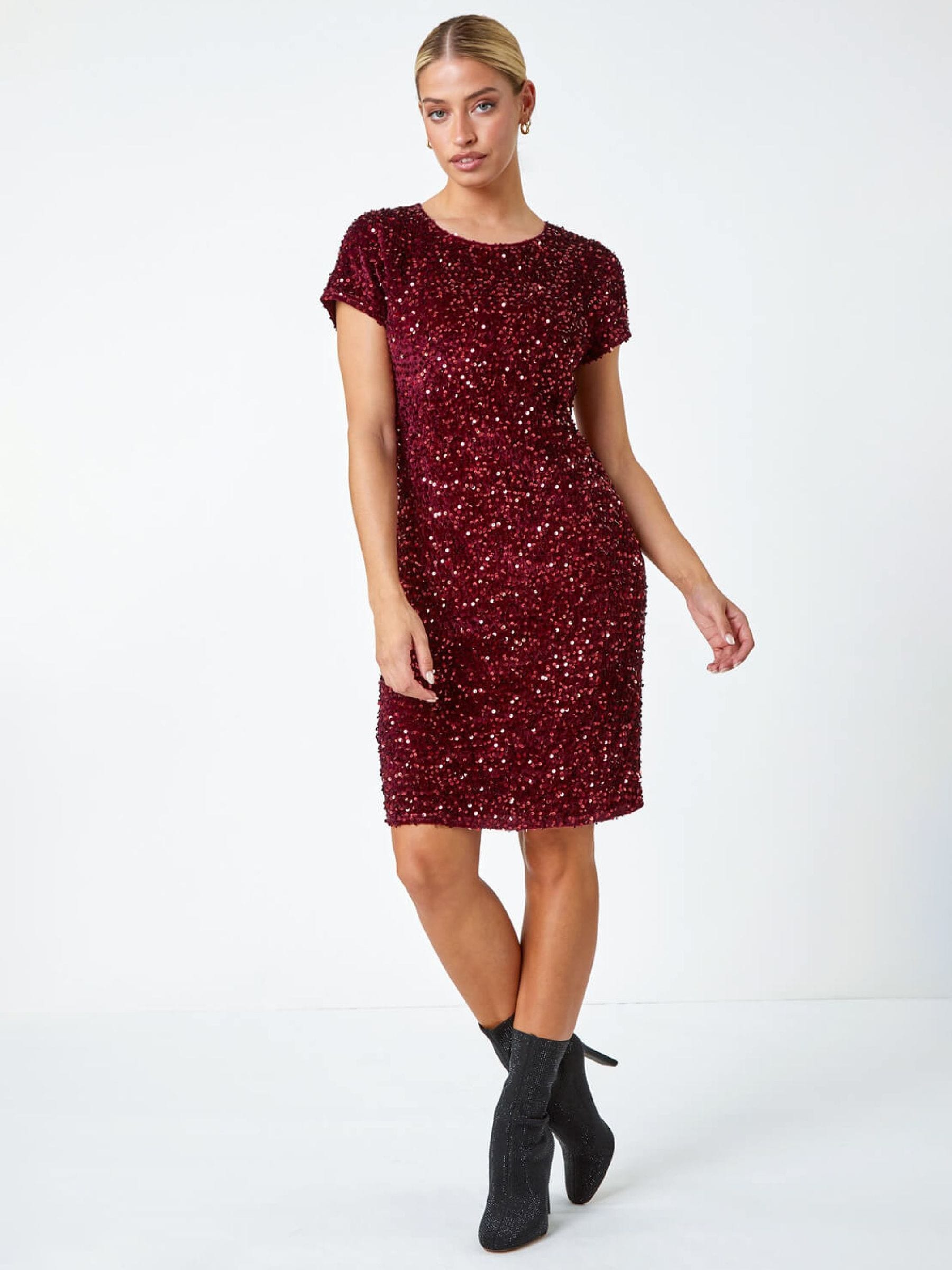 Roman Women's Red Velvet Sequin Embellished Shift Dress - Image 1