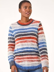 Roman Blue Fluffy Striped Curve Hem Jumper - Image 1 of 5