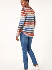 Roman Blue Fluffy Striped Curve Hem Jumper - Image 3 of 5