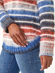 Roman Blue Fluffy Striped Curve Hem Jumper - Image 5 of 5