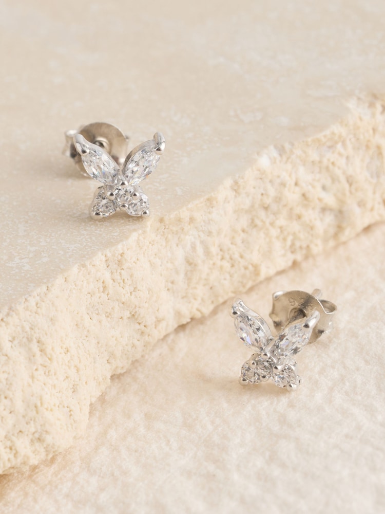 Sterling Silver Butterfly Cubic Zirconia Stud Earrings - Image 1 of 4 Sterling Silver Butterfly Cubic Zirconia Stud Earrings - Image 1 of 4