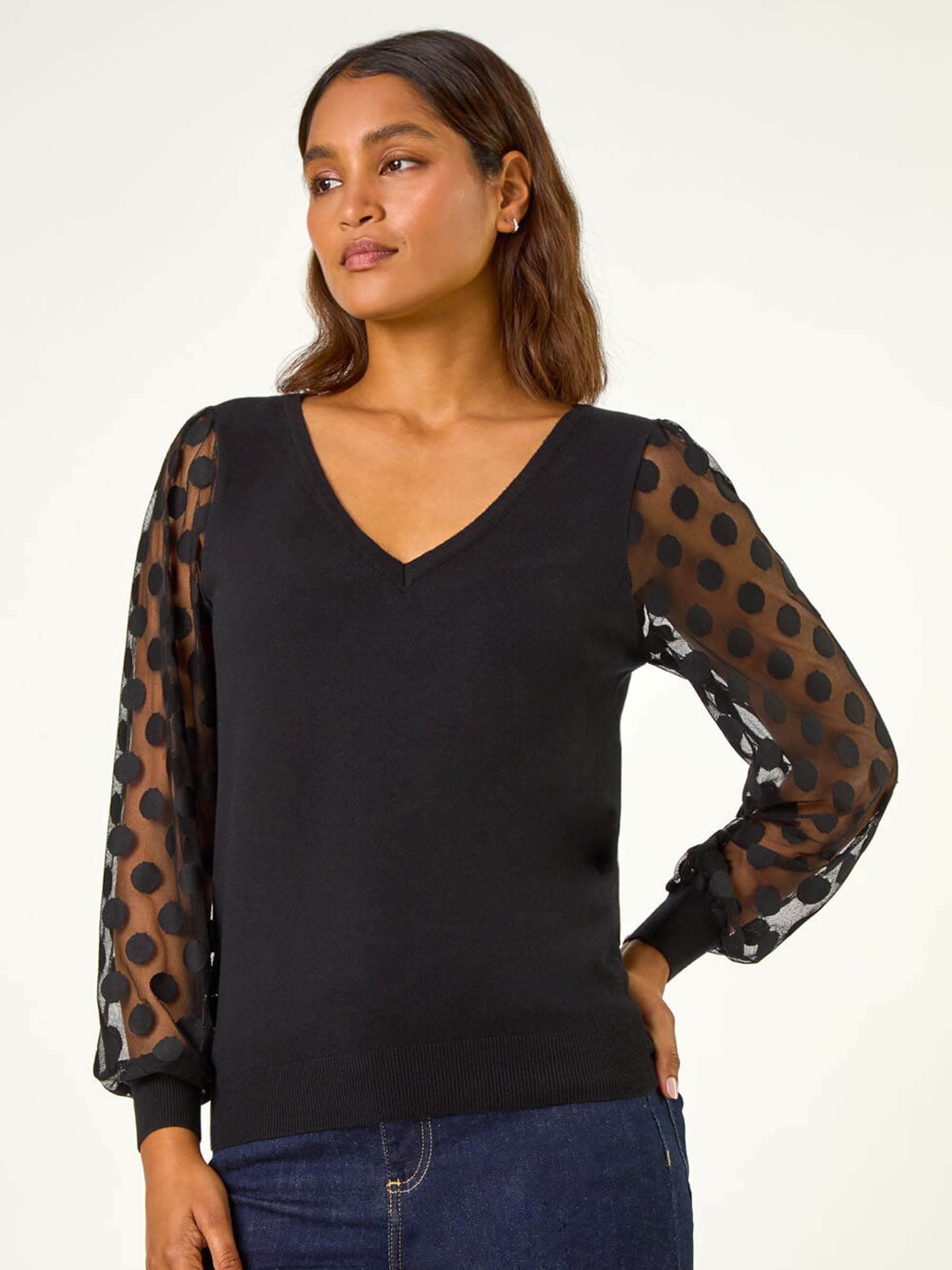 Roman Women's Black Polka Dot V-Neck Sleeve Knit Jumper Size 20 - Image 3