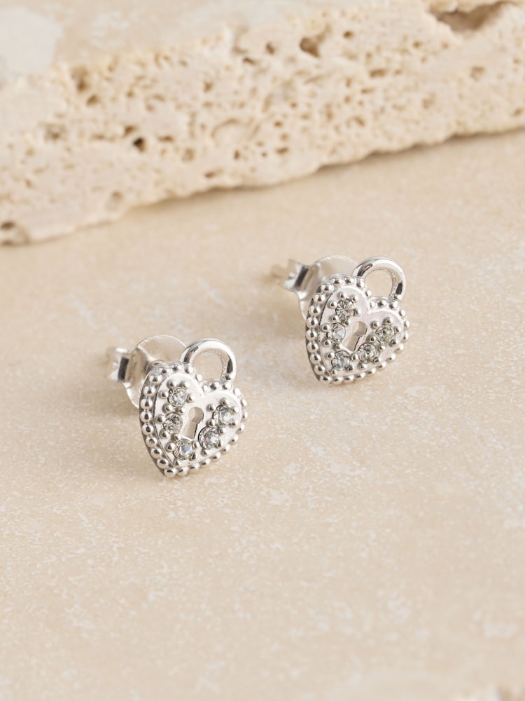 Sterling Silver Padlock Heart Stud Earrings - Image 1 of 3 Sterling Silver Padlock Heart Stud Earrings - Image 1 of 3