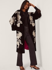 Monsoon Black Fia Floral Embroidered Velvet Kimono - Image 4 of 5