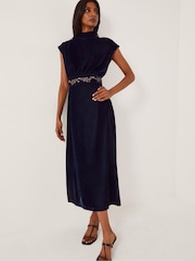 Monsoon Blue Grace High Neck Embroidered Velvet Midi Dress - Image 1 of 4