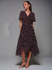 Jolie Moi Brown Chiffon Floaty Sleeved Midaxi Dress - Image 1 of 6