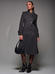 Jolie Moi Grey Asymmetric Button Detail Fit & Flare Coat - Image 1 of 6