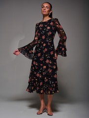 Jolie Moi Red Long Sleeve Frill Chiffon Midaxi Dress - Image 1 of 6