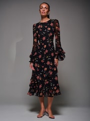 Jolie Moi Red Long Sleeve Frill Chiffon Midaxi Dress - Image 4 of 6