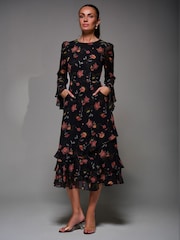 Jolie Moi Red Long Sleeve Frill Chiffon Midaxi Dress - Image 5 of 6