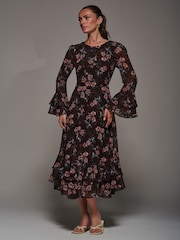 Jolie Moi Red Long Sleeve Chiffon Print Frill Midaxi Dress - Image 1 of 6