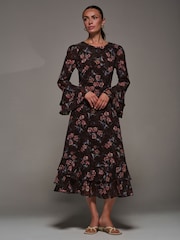 Jolie Moi Red Long Sleeve Chiffon Print Frill Midaxi Dress - Image 2 of 6