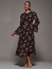 Jolie Moi Red Long Sleeve Chiffon Print Frill Midaxi Dress - Image 3 of 6