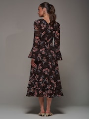 Jolie Moi Red Long Sleeve Chiffon Print Frill Midaxi Dress - Image 5 of 6