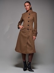 Jolie Moi Brown Asymmetric Button Detail Fit & Flare Coat - Image 1 of 6