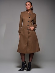 Jolie Moi Brown Asymmetric Button Detail Fit & Flare Coat - Image 2 of 6
