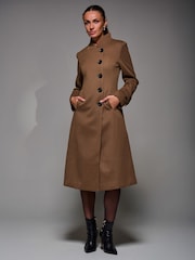Jolie Moi Brown Asymmetric Button Detail Fit & Flare Coat - Image 3 of 6