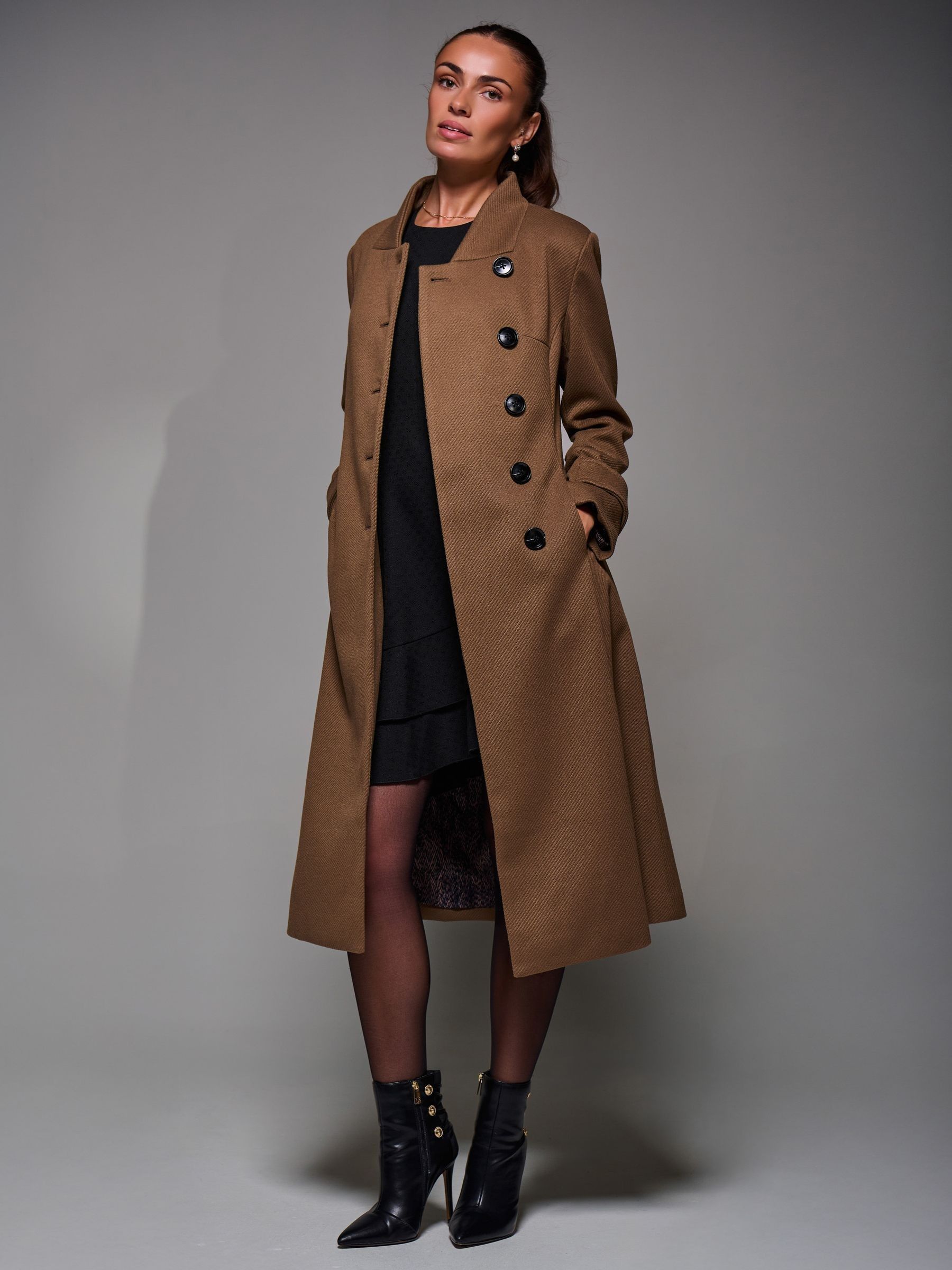 Buy Jolie Moi Brown Asymmetric Button Detail Fit & Flare Coat from